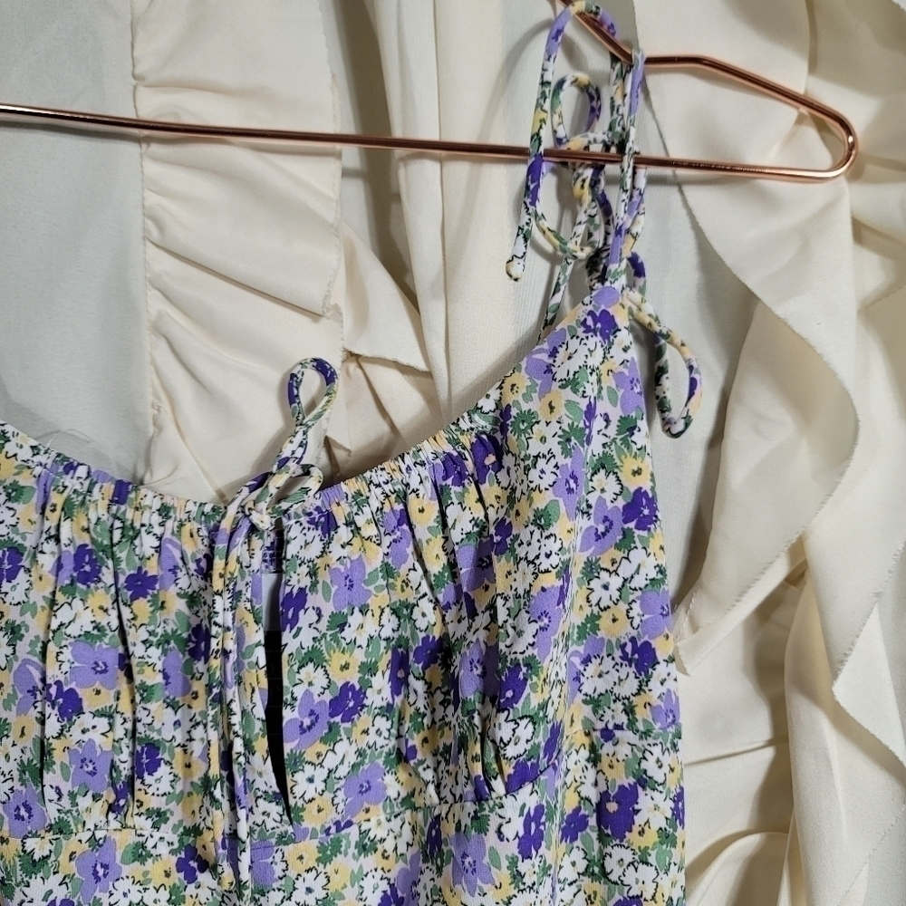 Whyte Valentyne Ditsy Floral Midi Dress Smocked Adjustable Straps Purple Yellow - Picture 5 of 9